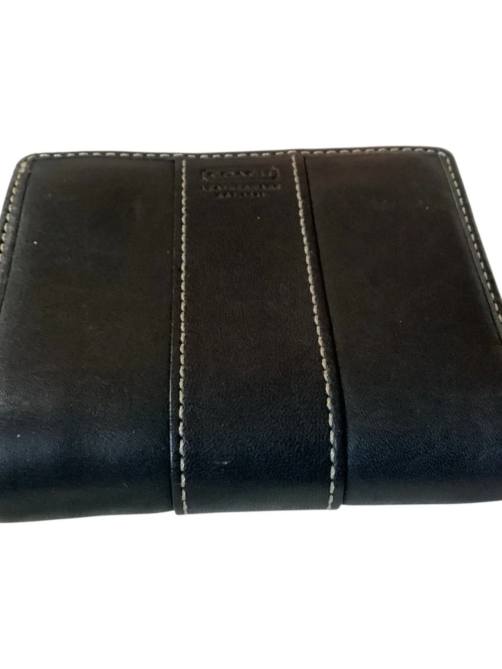 Coach Vintage Y2K Black Leather Compact Bifold Wallet White Stitching